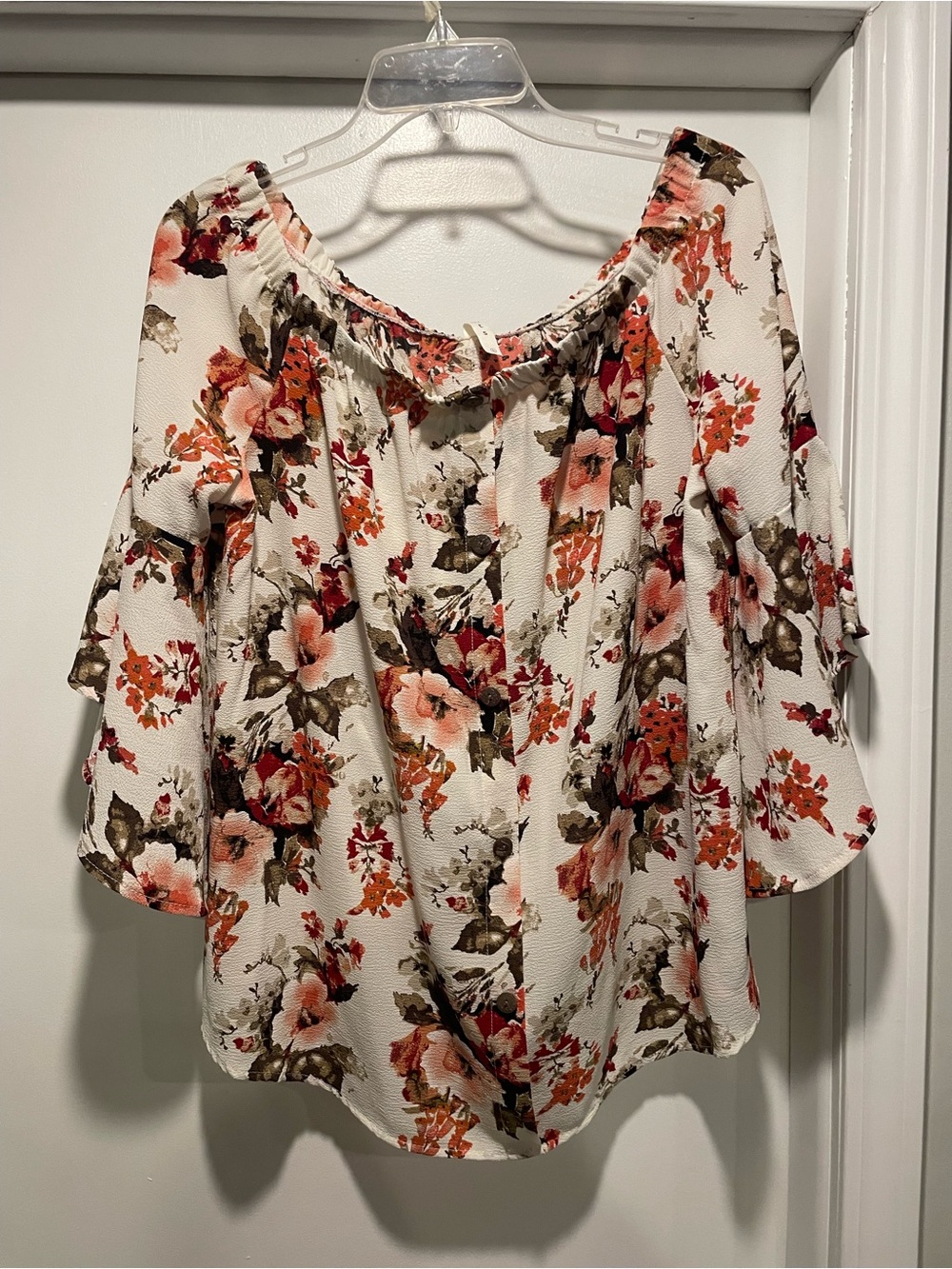 Floral Off-Shoulder Blouse in Cream with Orange and Brown Print